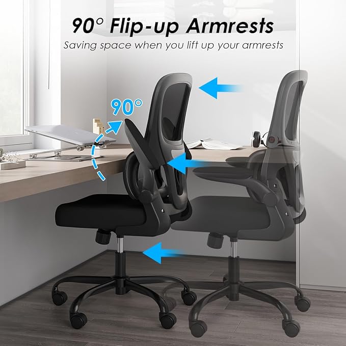 Soohow Ergonomic Home Office Chair, Mesh Desk Chair with Lumbar Support, Comfy Computer Desk Chair with Flip Armrest Rolling Wheels, Black. - LeafyLoom