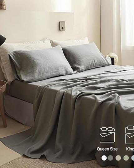 Simple&Opulence 100% Linen Sheet Set Solid Color-4 Pcs Washed French Linen Bed Sheets(1 Flat Sheet,1 Fitted Sheet,2 Pillowcases)-Breathable Bedding Set (Grey, King) - LeafyLoom