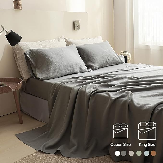Simple&Opulence 100% Linen Sheet Set Solid Color-4 Pcs Washed French Linen Bed Sheets(1 Flat Sheet,1 Fitted Sheet,2 Pillowcases)-Breathable Bedding Set (Grey, King) - LeafyLoom