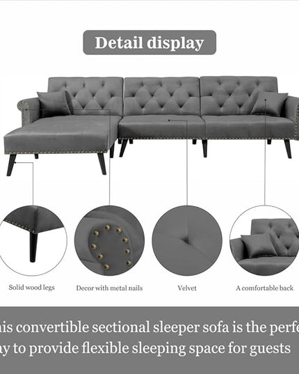 114" Convertible Sectional Sleeper Sofa with Chaise, Adjustable Armrest and Backrest,Upholstered L-Shaped Modular Sofá Bed Corner Couches for Living Room Set, 3 seat, A-DARK GREY - LeafyLoom