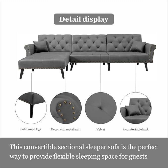 114" Convertible Sectional Sleeper Sofa with Chaise, Adjustable Armrest and Backrest,Upholstered L-Shaped Modular Sofá Bed Corner Couches for Living Room Set, 3 seat, A-DARK GREY - LeafyLoom