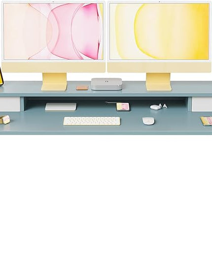 FEZIBO 55 x 24 Inch Height Adjustable Electric Standing Desk with Double Drawer, Stand Up Desk with Storage Shelf, Sit Stand Desk, Blue - LeafyLoom