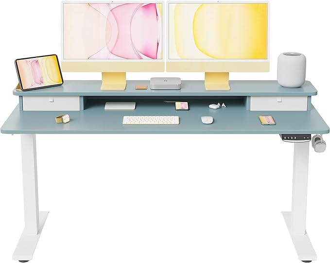 FEZIBO 55 x 24 Inch Height Adjustable Electric Standing Desk with Double Drawer, Stand Up Desk with Storage Shelf, Sit Stand Desk, Blue - LeafyLoom
