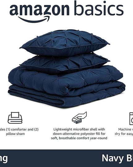 Amazon Basics All-Season Down-Alternative 3 Piece Comforter Bedding Set, King, Navy Blue, Pinch Pleat With Piped Edges - LeafyLoom