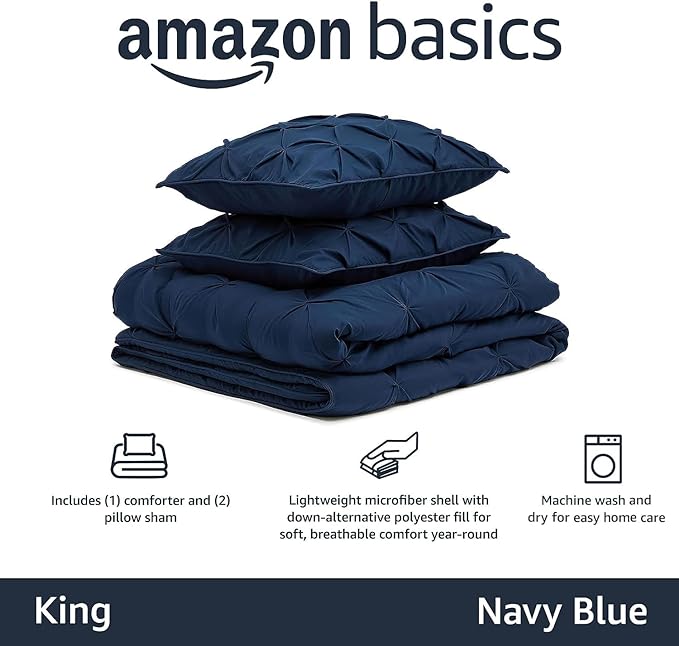 Amazon Basics All-Season Down-Alternative 3 Piece Comforter Bedding Set, King, Navy Blue, Pinch Pleat With Piped Edges - LeafyLoom