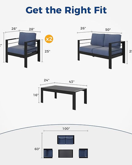 Wisteria Lane 4-Piece Aluminum Patio Furniture Set, Outdoor Furniture with Coffee Table, Metal Sofa Set for Deck, Porch, Balcony, Indoor, Black Frame & Blue Cushion - LeafyLoom