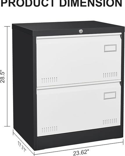 2 Drawer Metal Lateral Lock and Card Holder,Office Vertical Files Storage Cabinets w/Heavy 3 Section Slide Rail & Breathable Holes,for Legal/Letter/A4,Black+White - LeafyLoom