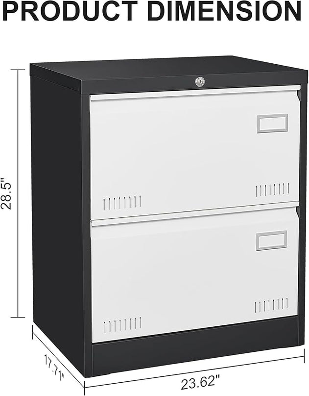 2 Drawer Metal Lateral Lock and Card Holder,Office Vertical Files Storage Cabinets w/Heavy 3 Section Slide Rail & Breathable Holes,for Legal/Letter/A4,Black+White - LeafyLoom