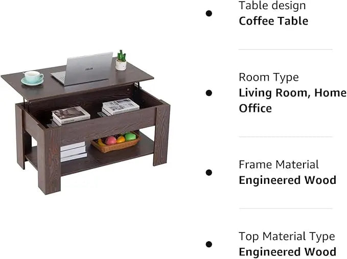 FDW Lift Top Coffee Table with Hidden Compartment and Storage Shelf Wooden Lift Tabletop for Home Living Room Reception Room Office (Espresso) - LeafyLoom
