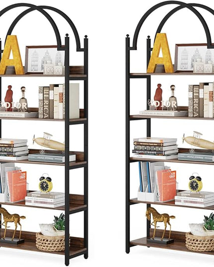 Tribesigns 5-shelf Arched Bookcase Set of 2, Rustic Wood Shelf with Black Metal Frame, Industrial Metal Etagere Open Bookshelf (2, Brown+Black) - LeafyLoom