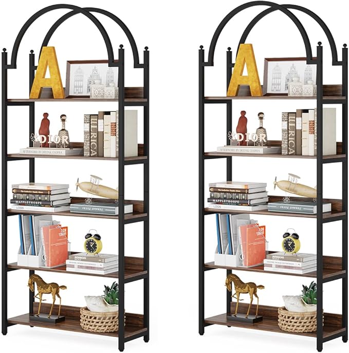 Tribesigns 5-shelf Arched Bookcase Set of 2, Rustic Wood Shelf with Black Metal Frame, Industrial Metal Etagere Open Bookshelf (2, Brown+Black) - LeafyLoom
