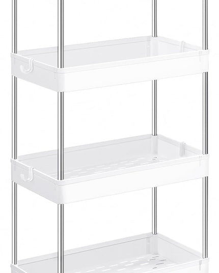 SONGMICS Slim Storage Cart, 4-Tier Rolling Cart, Narrow Utility Cart on Wheels, 6 Hooks, 360° Swivel Wheels, Lockable, Steel Frame, Bathroom, Kitchen, Office, Cloud White UKSC10WT - LeafyLoom