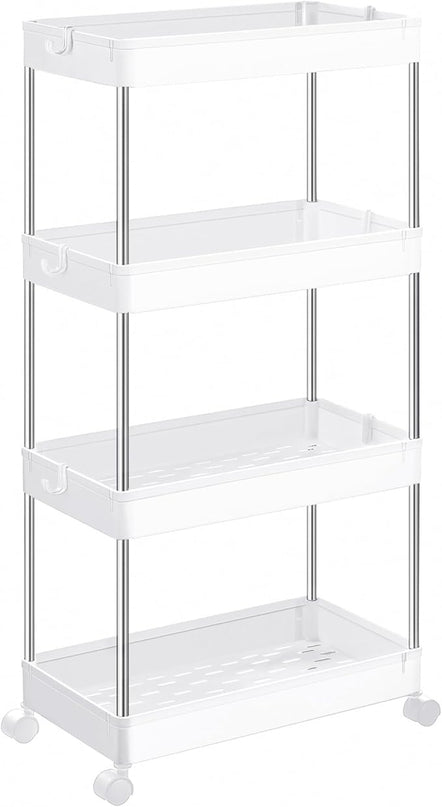 SONGMICS Slim Storage Cart, 4-Tier Rolling Cart, Narrow Utility Cart on Wheels, 6 Hooks, 360° Swivel Wheels, Lockable, Steel Frame, Bathroom, Kitchen, Office, Cloud White UKSC10WT - LeafyLoom