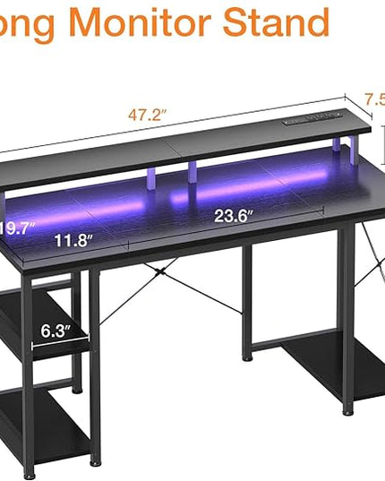 ODK 48 inch Gaming Desk with LED Lights & Power Outlets, Computer Desk with Monitor Stand & Storage Sheves, CPU Stand, Home Office Desk, Black - LeafyLoom