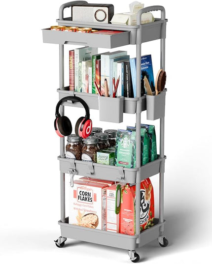4 Tier Small Rolling Cart Organizer,Art Craft Diaper Bedside Snack Cart Laundry Room Bathroom Organizer Narrow Thin Slim Rolling Trolley Utility Cart with Wheels for Kitchen,Office(Grey) - LeafyLoom