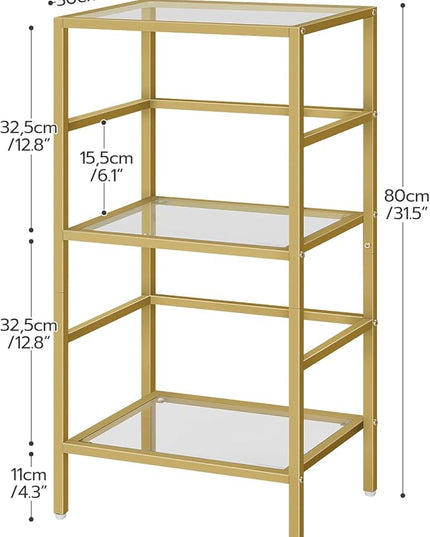 HOOBRO 3-Tier Bookcase, Tempered Glass Bookshelves, Record Storage Rack with Side Fence, Storage Shelves for Bathroom, Slim Shelving Unit for for Living Room, Home Office, Gold GD81CJ01 - LeafyLoom