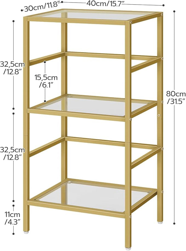 HOOBRO 3-Tier Bookcase, Tempered Glass Bookshelves, Record Storage Rack with Side Fence, Storage Shelves for Bathroom, Slim Shelving Unit for for Living Room, Home Office, Gold GD81CJ01 - LeafyLoom