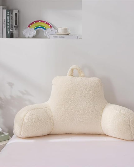 A Nice Night Sherpa Fleece Flannel Reading Pillow Bed Wedge Adult Backrest with Arms Back Support for Sitting Up in Bed/Couch,White,Large - LeafyLoom