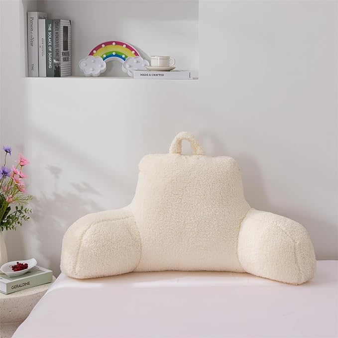 A Nice Night Sherpa Fleece Flannel Reading Pillow Bed Wedge Adult Backrest with Arms Back Support for Sitting Up in Bed/Couch,White,Large - LeafyLoom