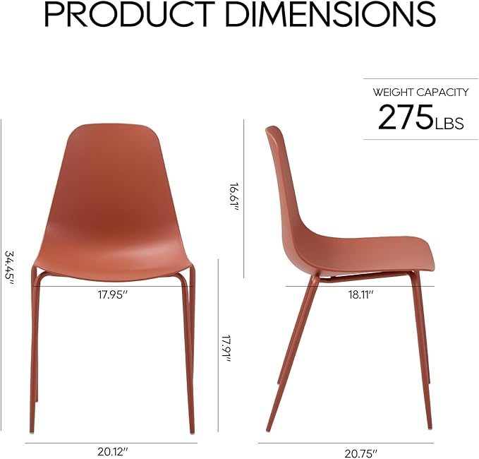 COLAMY Stackable Dining Chairs Set of 4, Indoor Outdoor Dining Room Side Chairs with Metal Legs, Modern Plastic Patio Chairs for Home/Kitchen/Office/Resturant/Bistro/Cafe, Orange - LeafyLoom