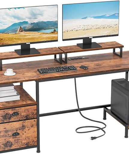 Furologee Desk with Drawer and Power Outlets, 55" Large Compter Desk with Fabric File Cabinet and 2 Movable Monitor Shelf, Writing Gaming Table with CPU Stand and 2 Hooks for Home Office, Rustic Brown - LeafyLoom