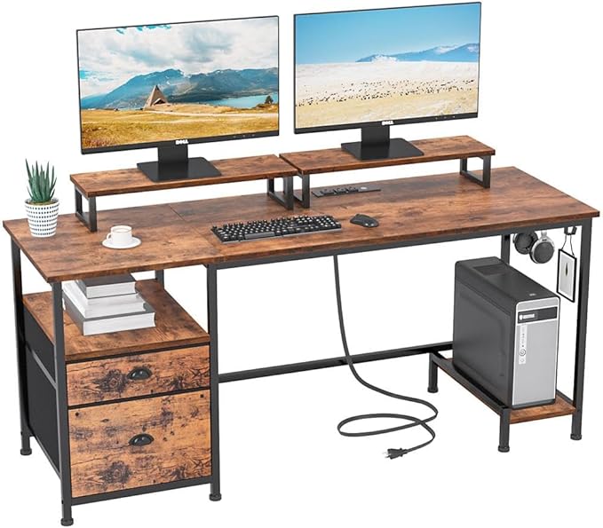 Furologee Desk with Drawer and Power Outlets, 55" Large Compter Desk with Fabric File Cabinet and 2 Movable Monitor Shelf, Writing Gaming Table with CPU Stand and 2 Hooks for Home Office, Rustic Brown - LeafyLoom