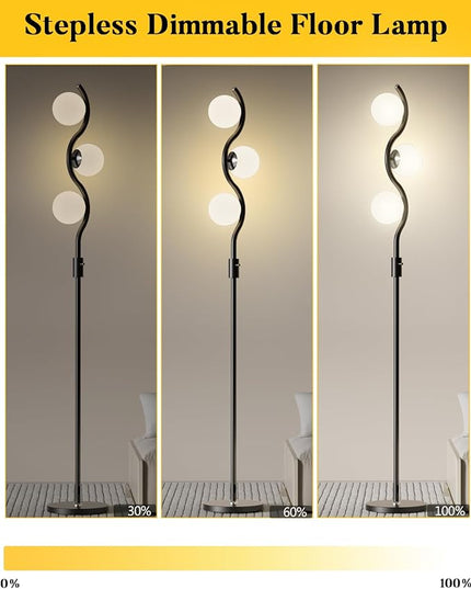 Lightdot 60IN Dimmable (Brightness Adjustable) Black Floor Lamp, Mid Century Standing Lamps with 3 Globe Soft Warm White Eye Care 3000K Bulbs Included, Modern Tall Lamp for Bedroom Office - LeafyLoom