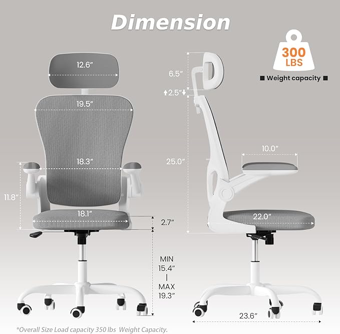 Ergonomic Office Chair, High Back Home Desk Chair with Adjustable Lumbar Support and Headrest, Breathable Mesh Swivel Task Chair, Executive Computer Chair White, 1 Pack - LeafyLoom