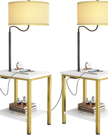 LED Floor Lamp with Table - End Table with Power Outlet and USB Charging Port, Bedside Nightstand Shelf, Side Table with Standing Light for Living Room, Bedroom, Bulb Included, White, 2 Pack - LeafyLoom