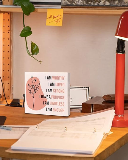 Home Office Desk Wooden Box Sign Decor, I Am Worthy Loved Strong, Inspirational Quotes Desk Decor Motivational Desk Decorations for Women Girls Teens Student Office Classroom School - LeafyLoom