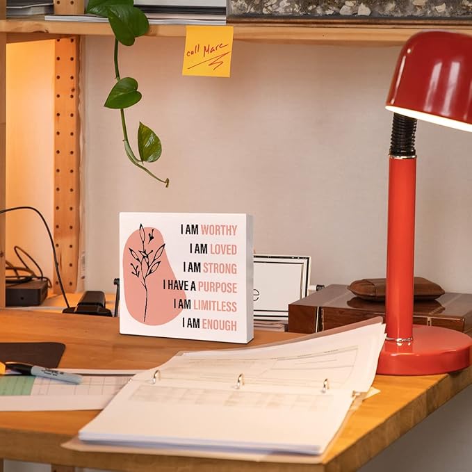 Home Office Desk Wooden Box Sign Decor, I Am Worthy Loved Strong, Inspirational Quotes Desk Decor Motivational Desk Decorations for Women Girls Teens Student Office Classroom School - LeafyLoom