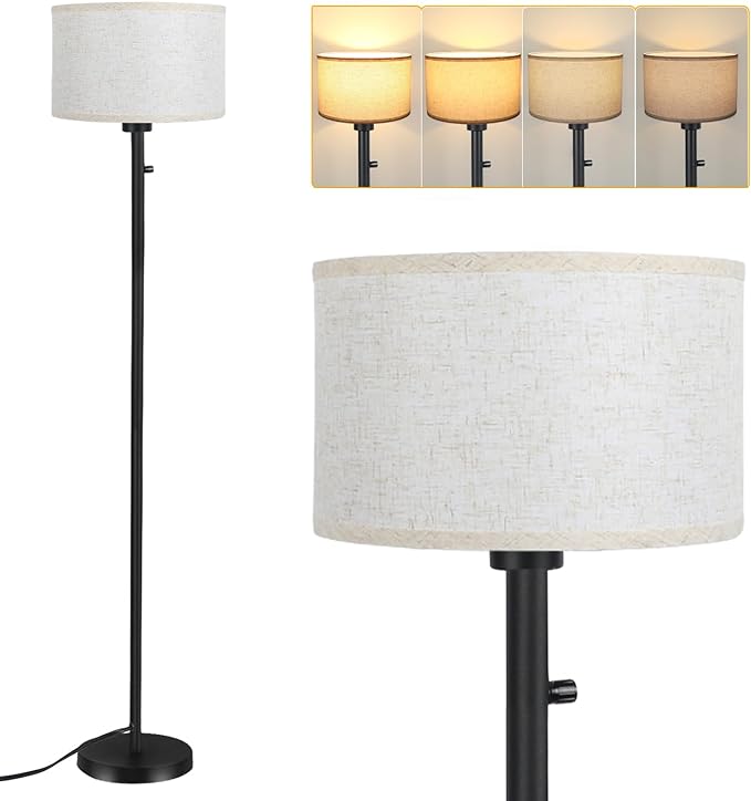 Floor Lamps for Living Room, Stepless Dimmable Standing Lamp, Modern Floor Lamp with Rotary Switch, Beige Linen Shade, 9W Led Bulb Included(1000LM,2700K), Tall Lamp for Bedroom, Office, Farmhouse - LeafyLoom