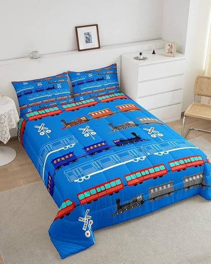 Feelyou Cartoon Car Comforter Set for Kids Boys Girls Vintage Car Comforter Train Bedding Set Bedroom Decor Retro Steam Train Blue Light Sign Duvet Set Twin Size Quilt Set 2Pcs - LeafyLoom