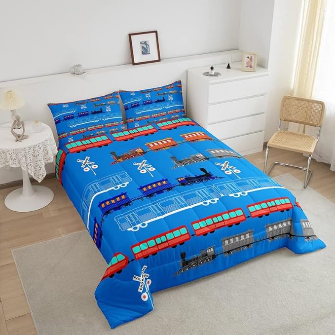 Feelyou Cartoon Car Comforter Set for Kids Boys Girls Vintage Car Comforter Train Bedding Set Bedroom Decor Retro Steam Train Blue Light Sign Duvet Set Full Size Quilt Set 2Pcs - LeafyLoom
