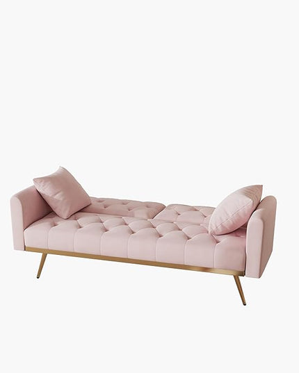 Velvet Upholstered Modern Convertible Futon Couch Folding Sofa Bed Recliner Lounge Loveseat Daybed Sofacama with Adjustable Backrest and Golden Legs for Small RV Living Room Office, Pink 68.3" - LeafyLoom
