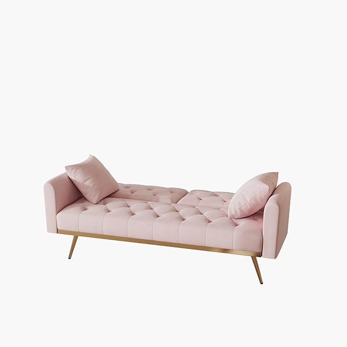 Velvet Upholstered Modern Convertible Futon Couch Folding Sofa Bed Recliner Lounge Loveseat Daybed Sofacama with Adjustable Backrest and Golden Legs for Small RV Living Room Office, Pink 68.3" - LeafyLoom