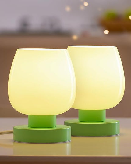 Touch Bedside Table Lamp Set of 2 - Small Modern Table Lamp for Bedroom Living Room Nightstand, 3-Way Dimable Desk lamp with Light Pink Glass Lamp Shade, 2700K LED Bulb, Simple Design Green - LeafyLoom