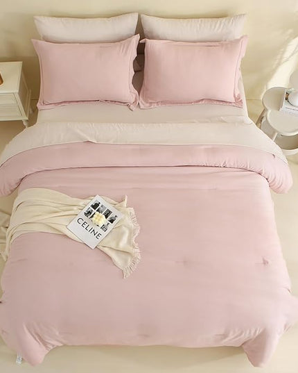 MILDLY Queen Comforter Set 7 Piece Color Clash, Pink Bed in a Bag, All Season Bedding Sets with 1 Comforter, 2 Pillow Shams, 2 Pillowcases, 1 Flat Sheet, 1 Fitted Sheet - LeafyLoom