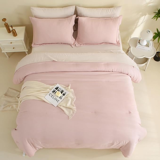 MILDLY Queen Comforter Set 7 Piece Color Clash, Pink Bed in a Bag, All Season Bedding Sets with 1 Comforter, 2 Pillow Shams, 2 Pillowcases, 1 Flat Sheet, 1 Fitted Sheet - LeafyLoom