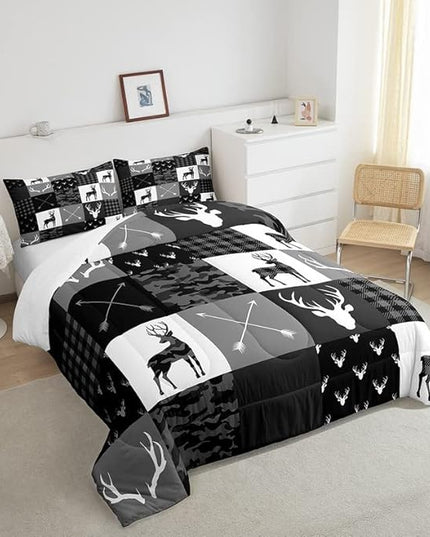 Deer Silhouette Comforter Set Queen Size,Camo Western Rustic Farmhouse Xmas Bedding Set 3pcs for Kids Teens Home Room Decor,Antlers Arrow Geometric Quilt Set,Black Grey Duvet Insert,2 Pillowcases - LeafyLoom