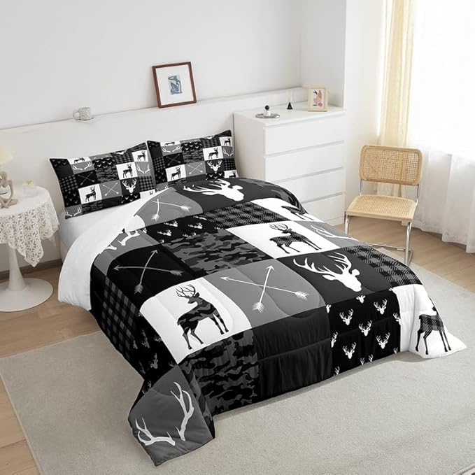 Deer Silhouette Comforter Set Queen Size,Camo Western Rustic Farmhouse Xmas Bedding Set 3pcs for Kids Teens Home Room Decor,Antlers Arrow Geometric Quilt Set,Black Grey Duvet Insert,2 Pillowcases - LeafyLoom