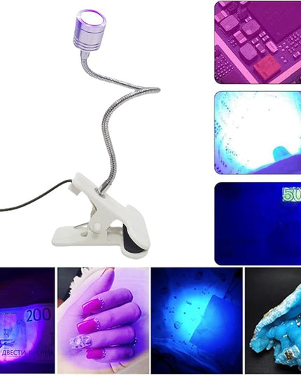UV LED Light Fixtures with Gooseneck and Clamp Mini Desk Light Clamp Portable Gooseneck for Outdoor Stall Gel Nail Curing, 5V USB Input (Silver,long Head) - LeafyLoom