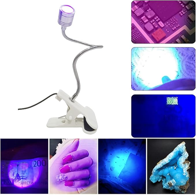 UV LED Light Fixtures with Gooseneck and Clamp Mini Desk Light Clamp Portable Gooseneck for Outdoor Stall Gel Nail Curing, 5V USB Input (Silver,long Head) - LeafyLoom
