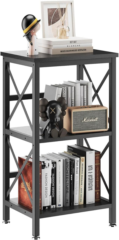 YMYNY 3 Tiers Bookcase, Industrial Metal Bookshelf with Side Fence, Storage Organizer for Living Room, Home Office, Bedroom, Display Racks, Sofa Side Table, 29.5 * 15.75 * 11.4", Black UHST008B - LeafyLoom