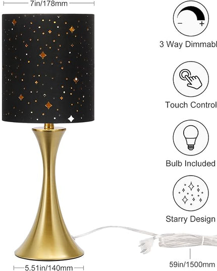 Touch Lamp for Bedroom, 3 Way Dimmable Gold Table Lamp with Black Starry Shade, Decorative Nightstand Lamp Ambient Beside Light for Living Room, Guest Room, Office 3000K LED Bulb Included - LeafyLoom