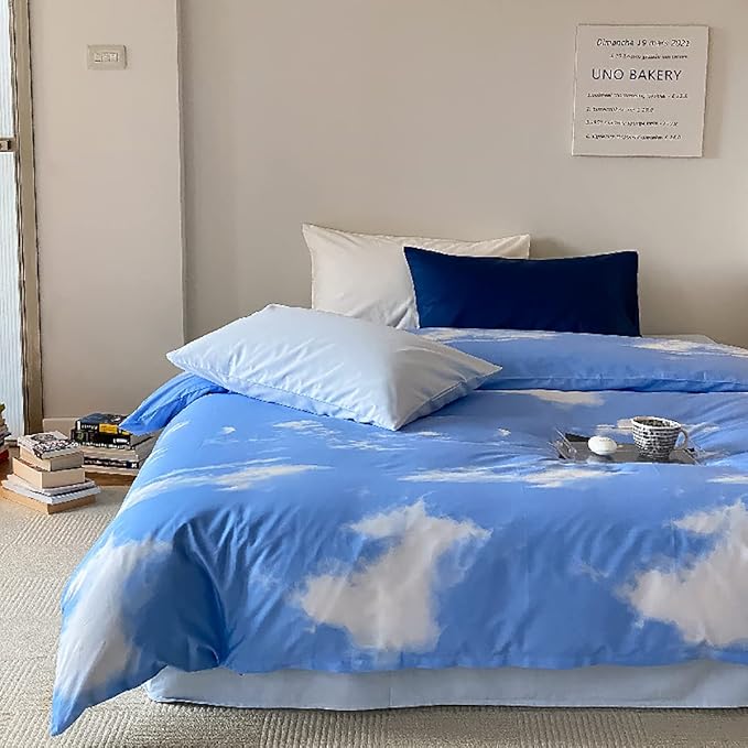 Cotton Blue Cloud Comforter Set King Size Sky Blue Comforter Cotton 3 Pieces Soft Light Blue King Comforter Bedding Set Women Solid Blue King Bed Comforter Set for All Season as Gift - LeafyLoom