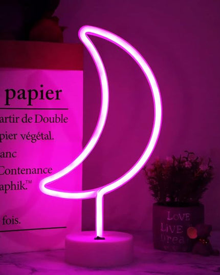 LED Neon Moon Lights, Moon Shape Neon Signs Crescent Night Lights Battery Operated Desk Table Lamp for Bedroom, Bar, Wall Decor-Moon with Holder Base(Pink) - LeafyLoom