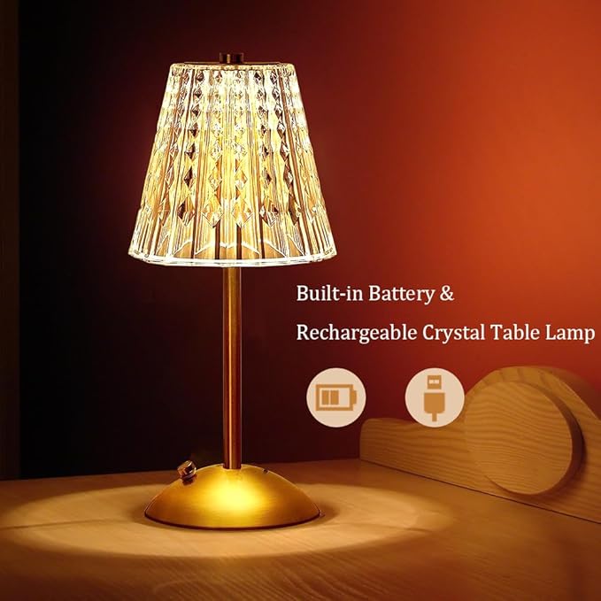 Portable Crystal LED Table Lamp, 3-Levels Brightness Desk Lamp, 3 Color Touch Control Rechargeable Lamp, Night Light, Bedside Lamp,Dining Room Lamp (Gold) - LeafyLoom