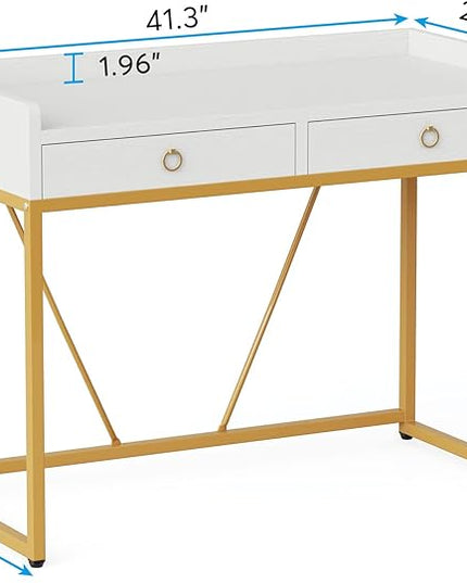 Tribesigns White Gold Computer Desk with 2 Drawers, Modern Desk 41.3 inch Simple Study Writing Desks with Storage, White Gold Makeup Vanity Desk for Home Office Bedroom Console Table - LeafyLoom
