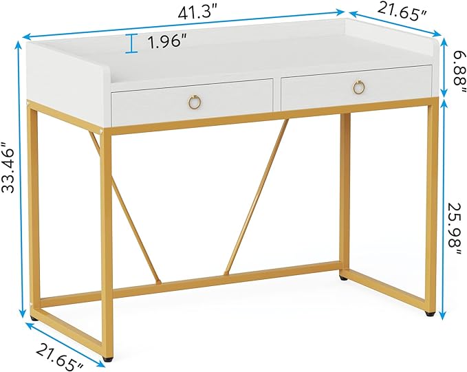 Tribesigns White Gold Computer Desk with 2 Drawers, Modern Desk 41.3 inch Simple Study Writing Desks with Storage, White Gold Makeup Vanity Desk for Home Office Bedroom Console Table - LeafyLoom